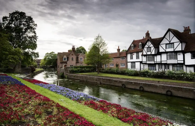 cityscape of canterbury kent uk and canal of river
