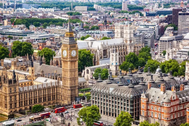 London aerial view of Big Ben and Westminster Abbey