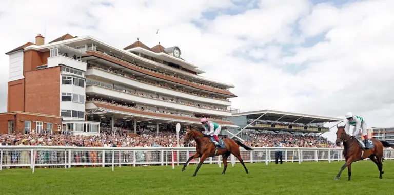 Newbury Racecourse horses with jockeys and spectators copyright Steven Cargill / Racingfotos.com