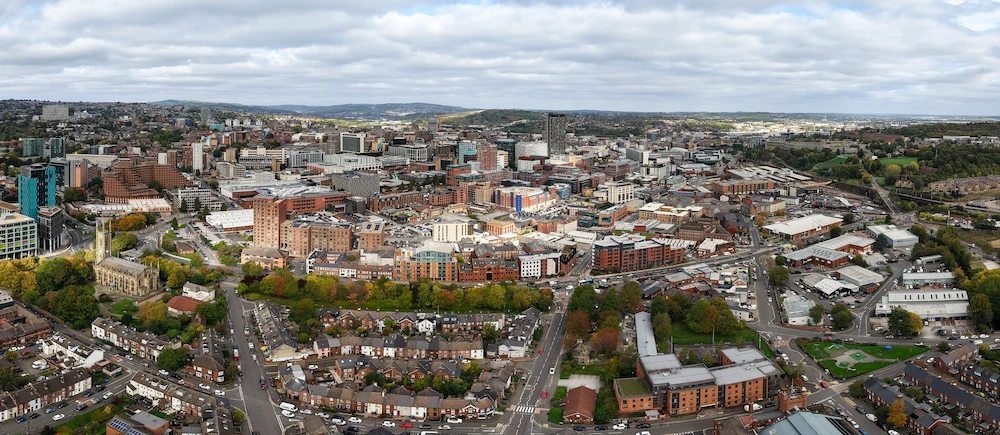 Aerial view of Sheffield city centre in South Yorkshire