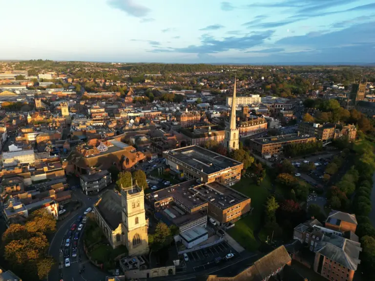 Aerial view of the scenic cityscape of Worcestershire in Worcester, England