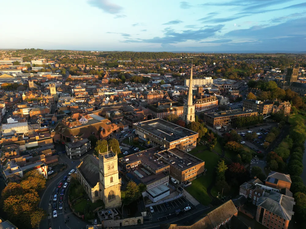 Aerial view of the scenic cityscape of Worcestershire in Worcester, England